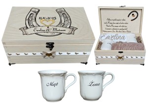 Prezent Ślub, Rocznica, Ręcznik, Kubki Haft Podkowa na Szczęście